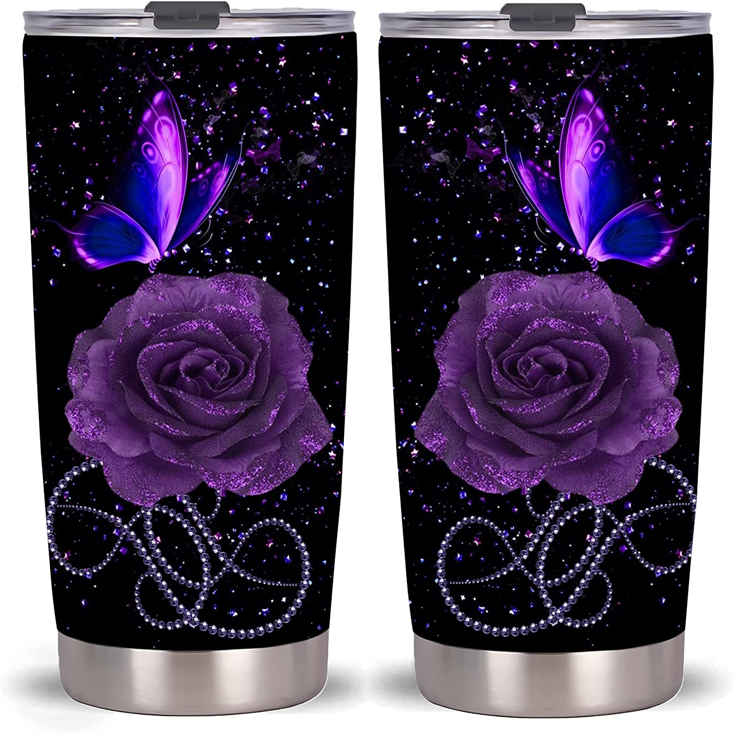 20Oz Starry Purple Rose Butterfly  Tumbler-Stainless Steel Travel Mug With Lid And Straw ( Starry Purple Rose Butterfly  Tumbler )