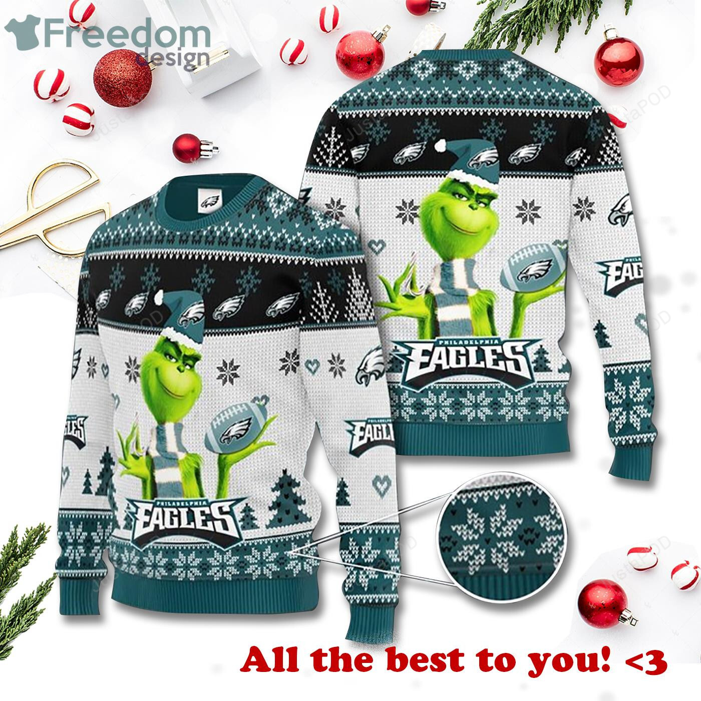 Grinch Philadelphia Eagles 3D Christmas Ugly Sweater