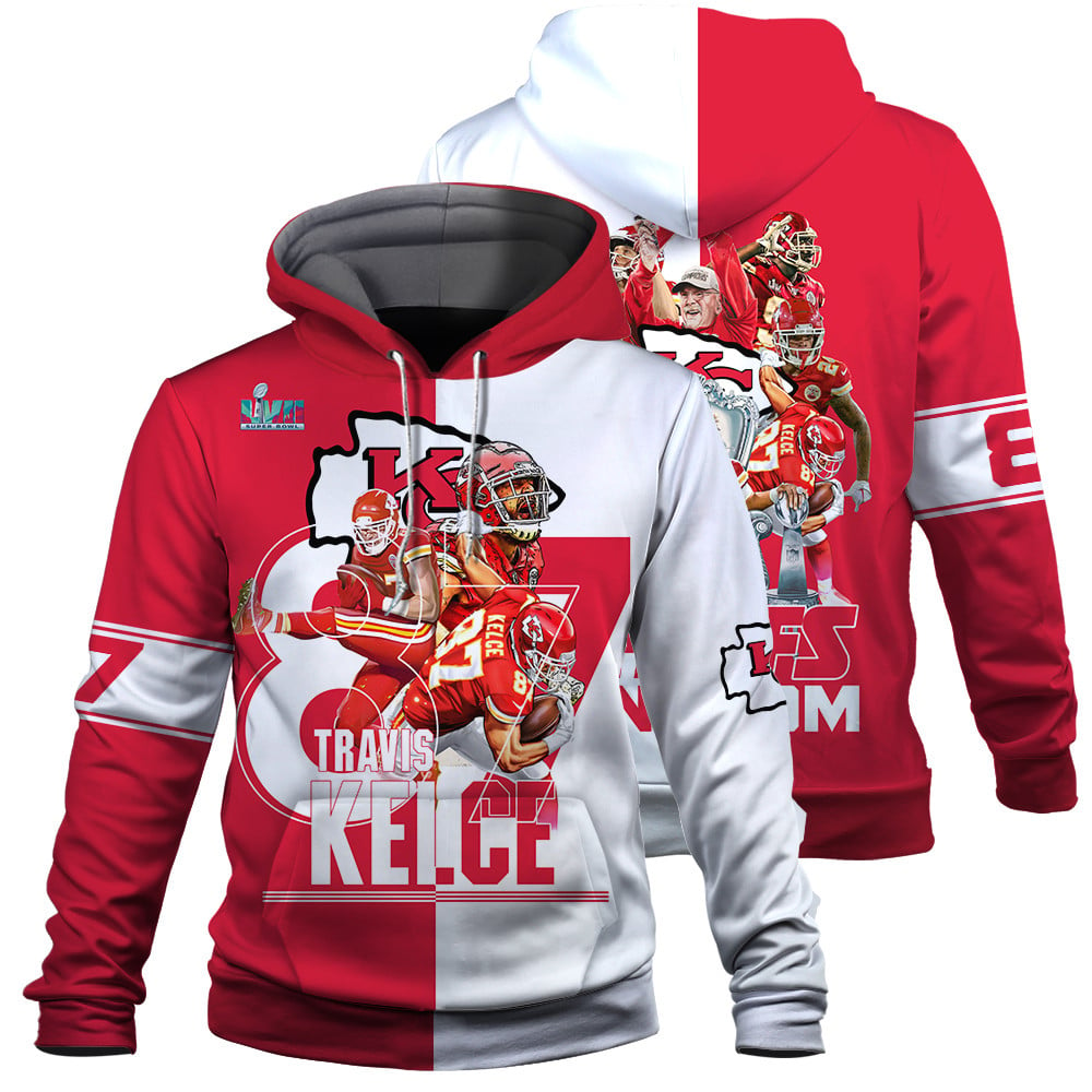 Travis Kelce Kansas City Chiefs Super Bowl Lvii Champions Print 3D Red White Hoodie