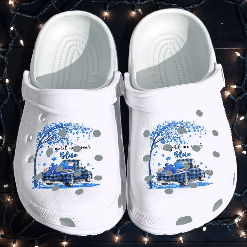 April Wear Blue Puzzle Car Shoes Crocs – April Autism Clog Gifts For Girl Daughter Woman Girlfriend