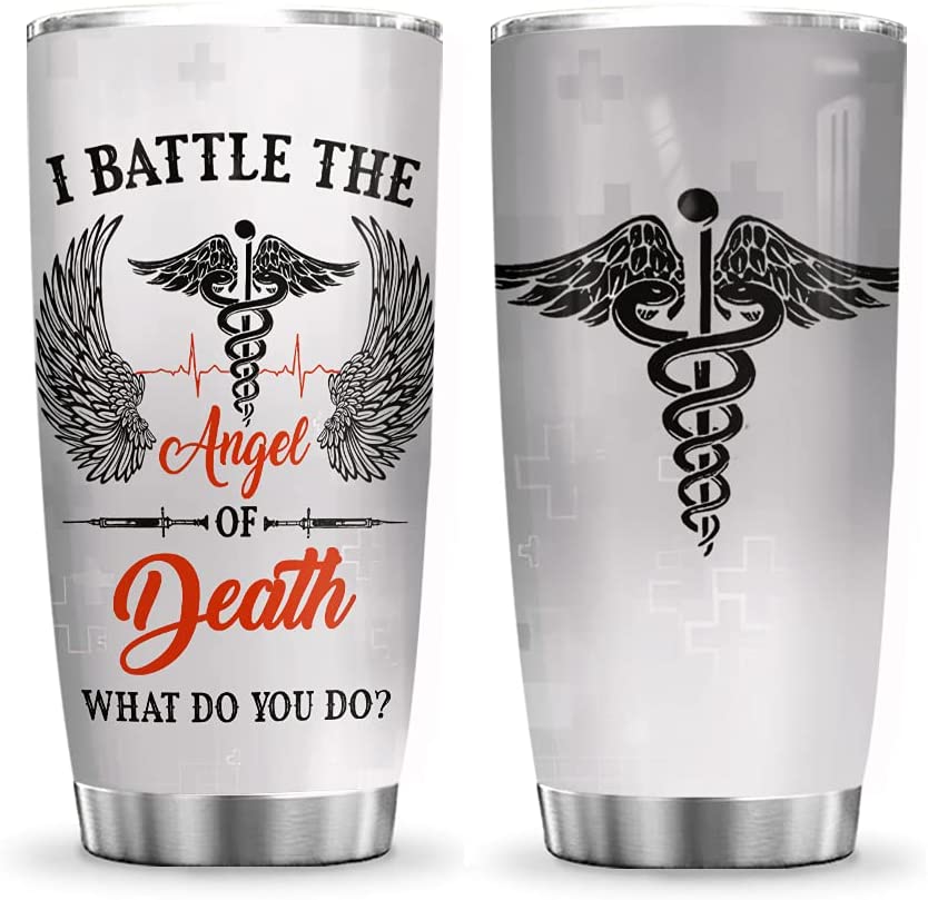 20Oz I Battle The Angel Of Death, Nurse Wings, Nurse Inspiration Tumbler Cup With Lid, Double Wall Vacuum Thermos Insulated Travel Coffee Mug