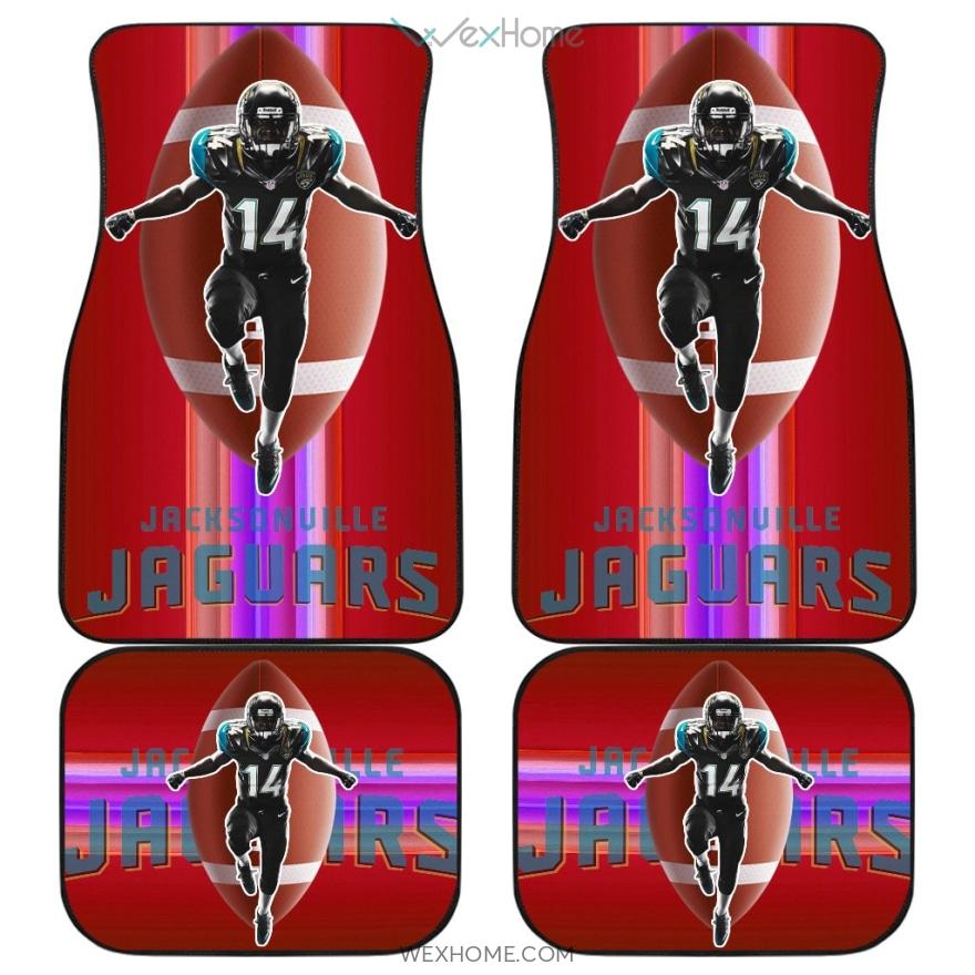 Jacksonville Jaguars Football Car Floor Mats | Jags Player 14 Flying With Rugby Ball Red Car Mats