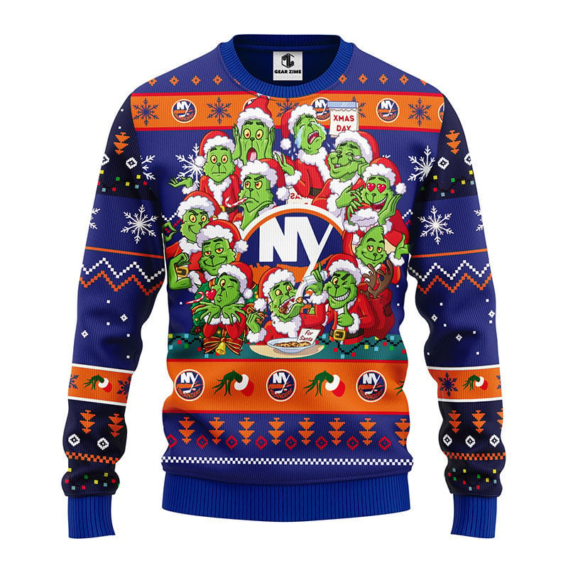 New York Islanders 12 Grinch Xmas Day Ugly Christmas Sweater