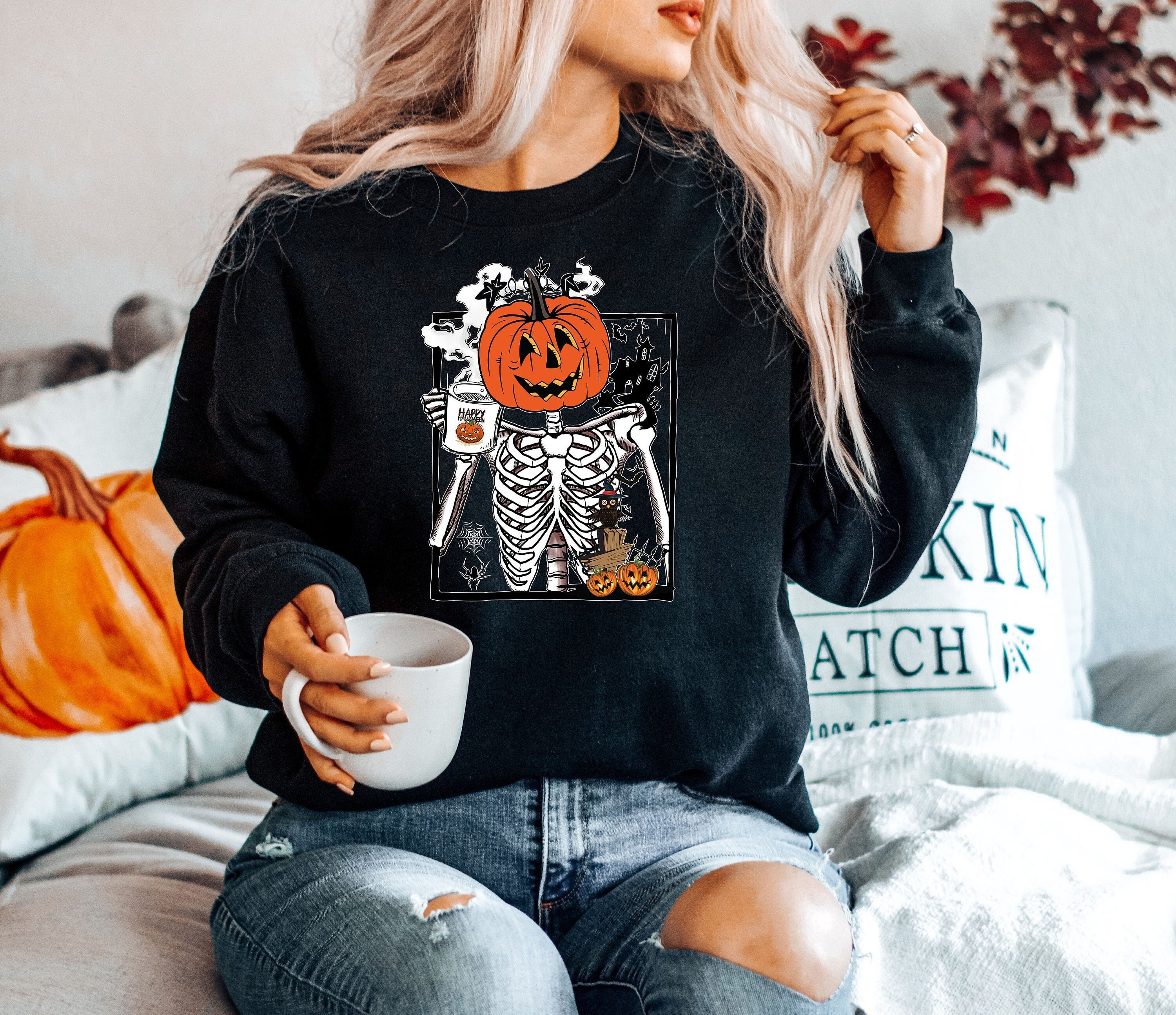 Pumpkin Skeleton Drinking Coffee Sweatshirt, Enjoy Pumpkin Sweatshirt, Funny Halloween Sweatshirt, Skeleton Coffee Lover Sweatshirts