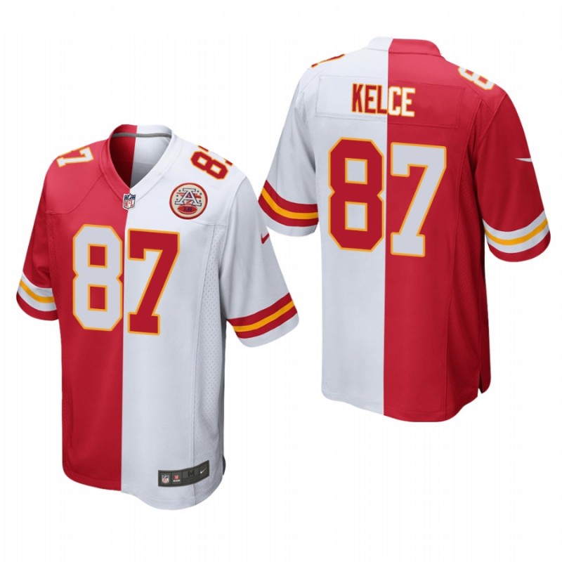 Men’S Travis Kelce Kansas City Chiefs Red White Split Two Tone Game Jersey – All Stitched, Embroidery