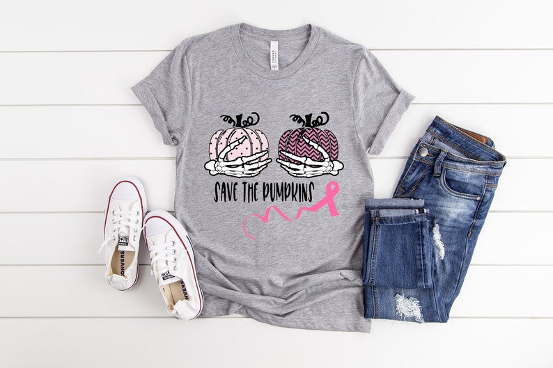 Skeleton, Save The Pumpkins Shirt, Save The Pumpkin, Pink Ribbon, Breast Cancer , Birthday Gift, Breast Cancer Awareness Shirt, Halloween