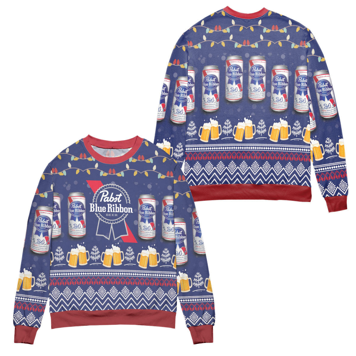 Pabst Blue Ribbon Beer Lights And Snow Ugly Christmas Sweater – All Over Print 3D Sweater – Blue