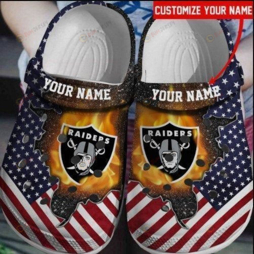 Las Vegas Raiders Logo American Flag Custom Name Crocss Classic Clogs Shoes – Aop Clog
