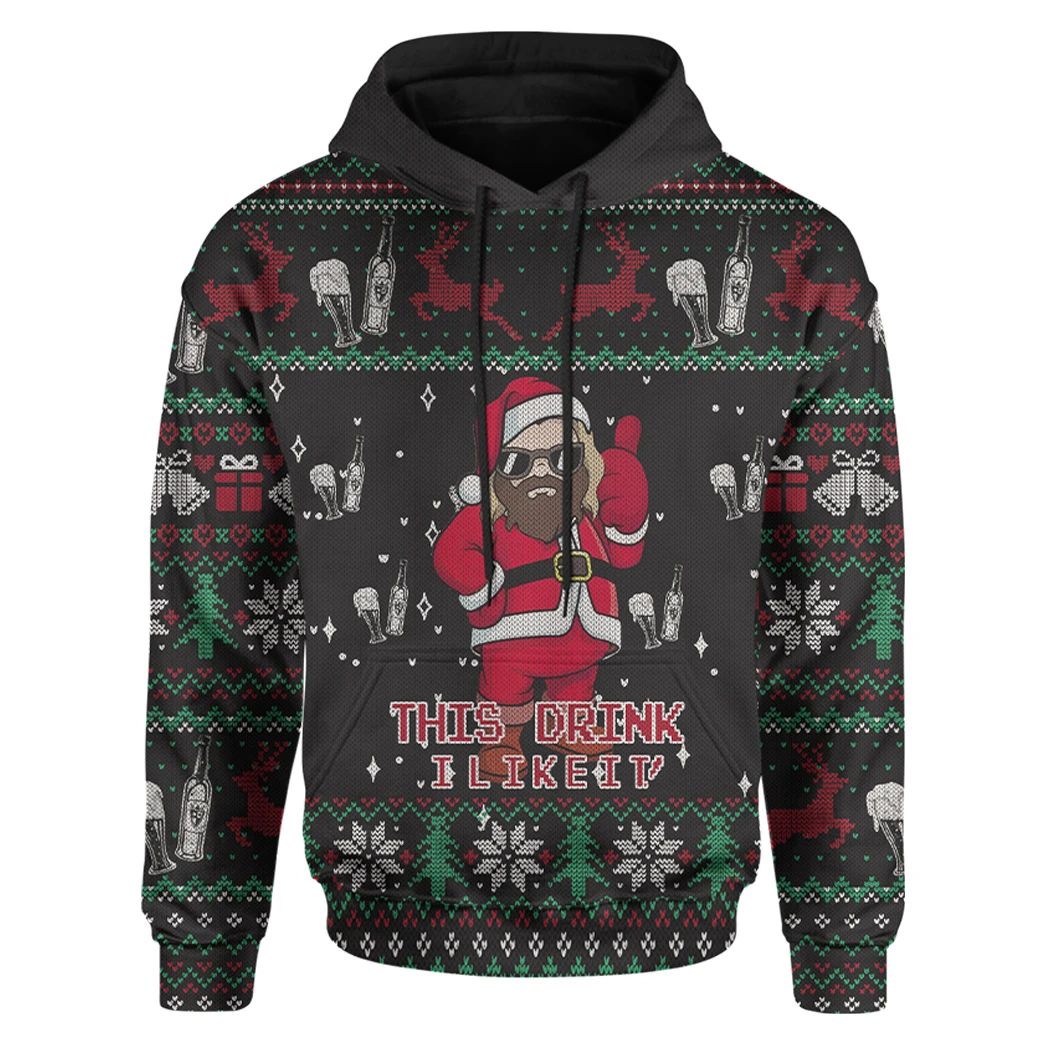 Alohazing 3D Thor Santa Drinking Beer Christmas Ugly Hoodie