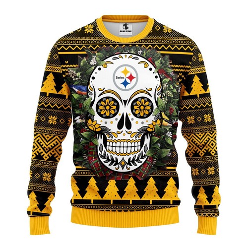 Pittsburgh Steelers Skull Flower Christmas Gift For Fan Ugly Wool Sweater Christmas