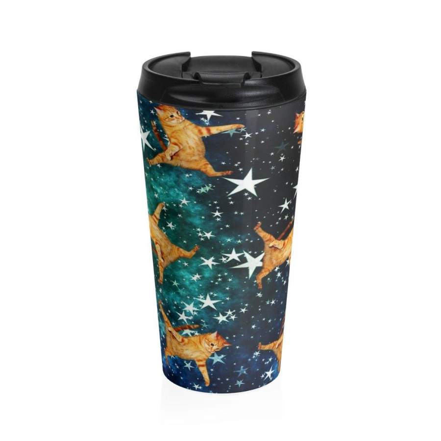 Stainless Steel Travel Mug, Flying Cat Space Galaxy Travel Mug, All Over Print Steel Funny Animal Custom Mug, 15 Ounce Coffee Tea Tumbler