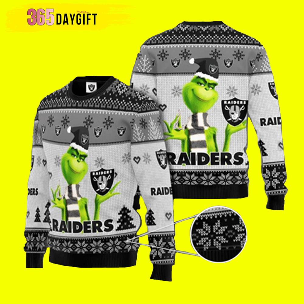 Grinch Raiders Black White Raiders Gift For Fan Ugly Wool Sweater Christmas