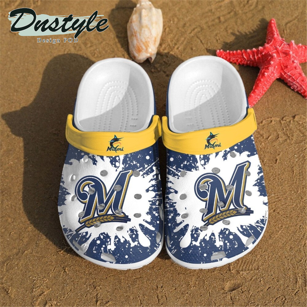 Milwaukee Brewers Logo Pattern Crocs Classic Clogs Shoes In Blue & White