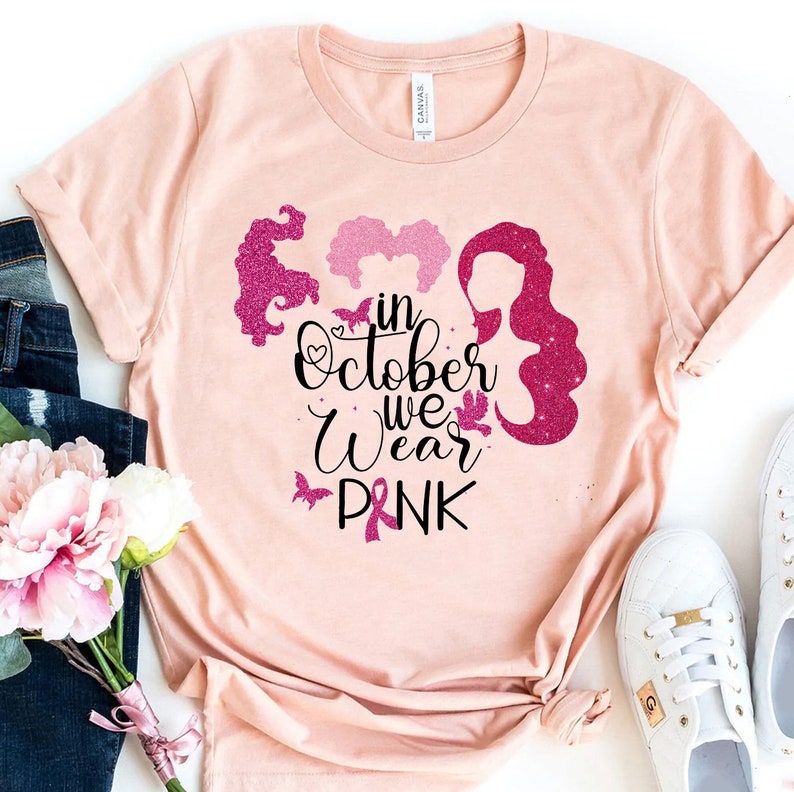 In October We Wear Pink Hocus Pocus Shirt, Sanderson Sisters Tee, Hocus Pocus Characters Tee, Breast Cancer Gift