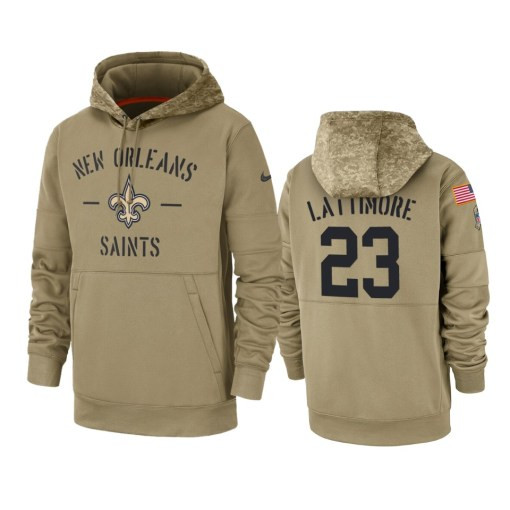 New Orleans Saints Marshon Lattimore Tan 2019 Salute To Service Sideline Therma Pullover Hoodie