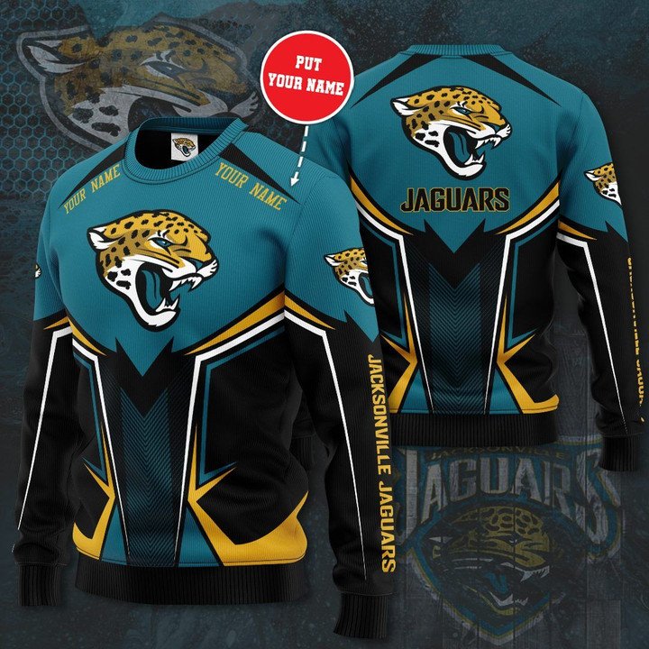 Jacksonville Jaguars Custom Name Teal Black Gift For Fan Ugly Wool Sweater Christmas V5