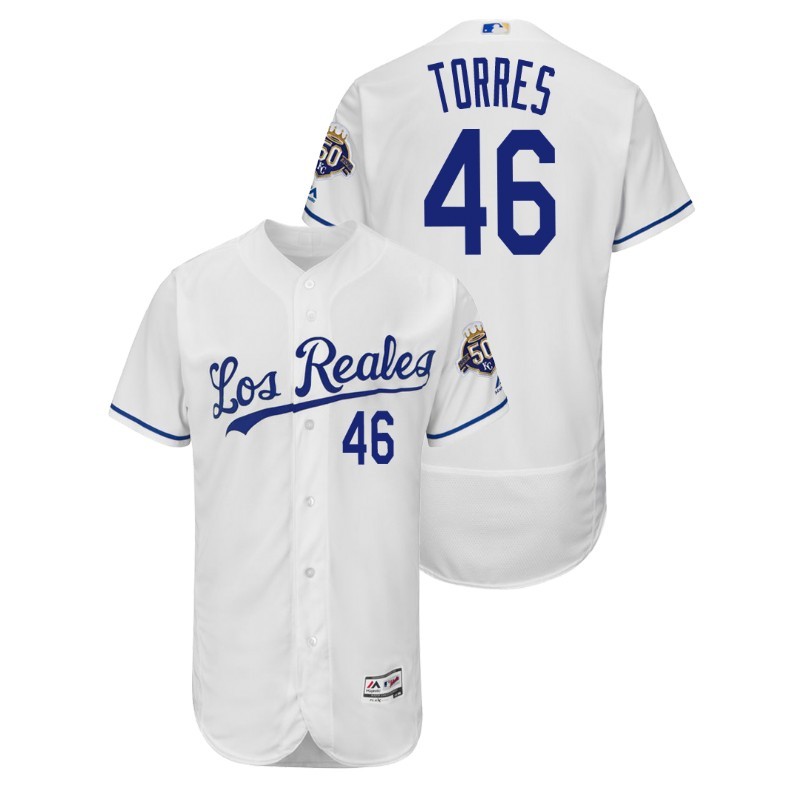 Men’S Kansas City Royals White Home Flex Base #46 Ramon Torres 50Th Anniversary Jersey – All Stitched, Embroidery