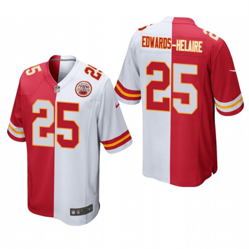 Men’S Clyde Edwards-Helaire Kansas City Chiefs Red White Split Two Tone Game Jersey – All Stitched, Embroidery