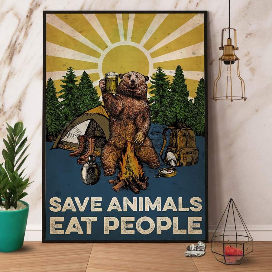 Camping Bear Save Animals Eat People Paper Poster No Frame/ Wrapped Canvas Wall Decor Full Size