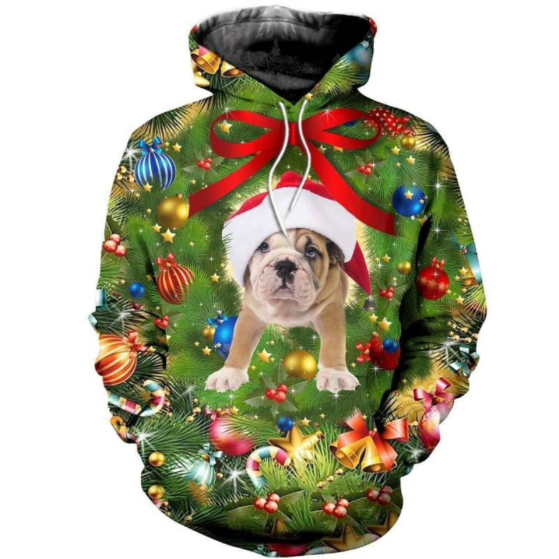 Bulldog Merry Christmas All Over Printed Hoodie – X221118