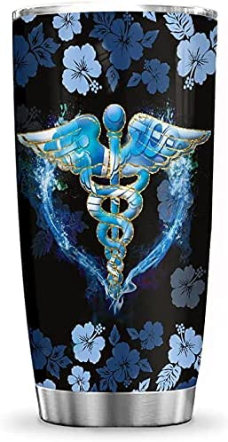 20Oz Blue Nurse Typo, Blue Flower Nurse Symbol, Nurse Inspiration Tumbler Cup With Lid, Double Wall Vacuum Thermos Insulated Travel Coffee Mug