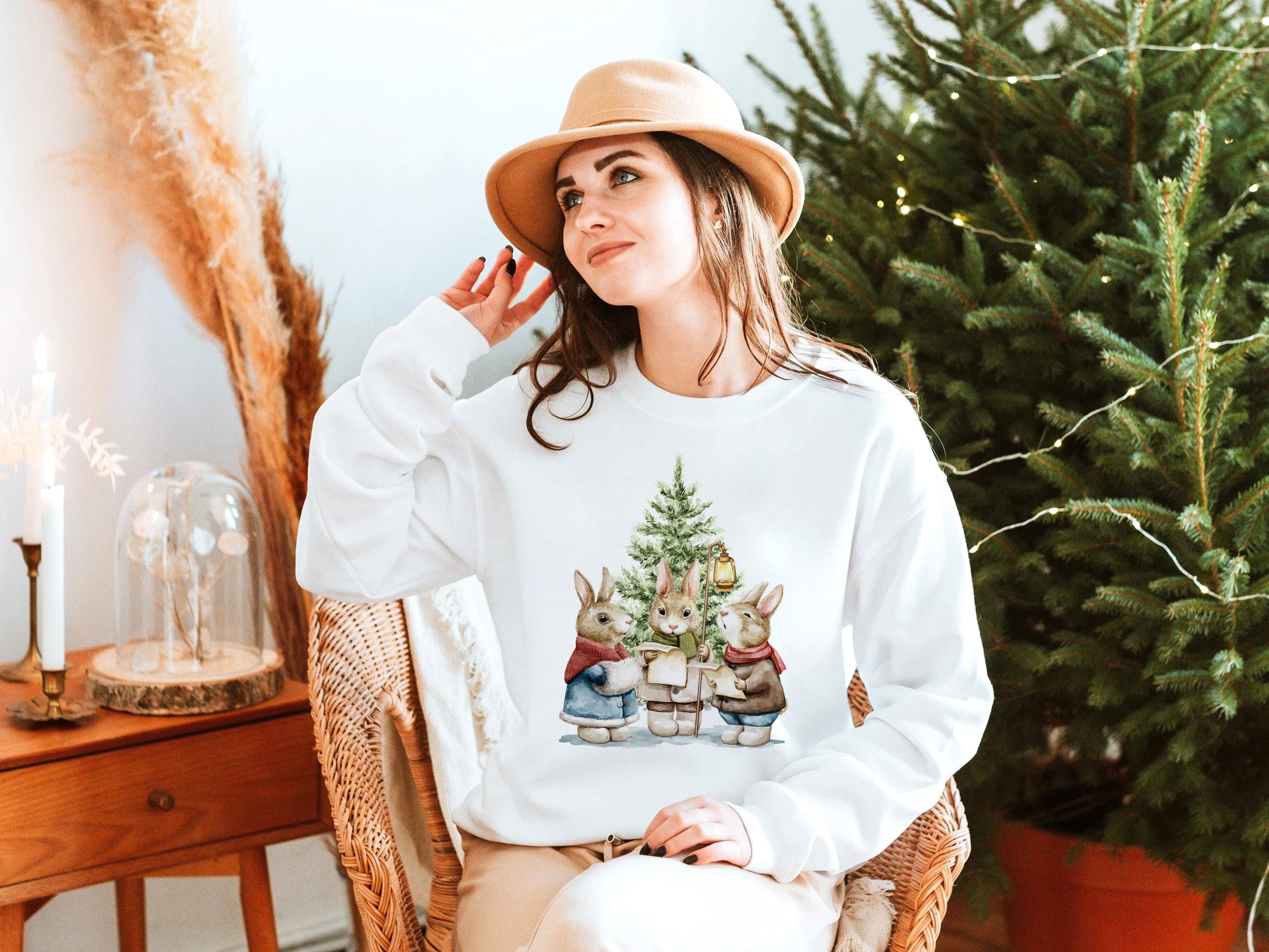 Rabbit In Vintage Clothes Holding Lanterns Singing Christmas Song,Vintage Sweatshirt Christmas, Christmas Shirt,Christmas Sweatshirt,Christmas Gift