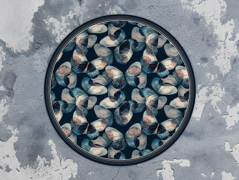 Butterflies Round Rug, Animal Floor Mat, Blue And Beige Mat, Linoleum Rug, Kitchen Decor, Kitchen Mats For Floor