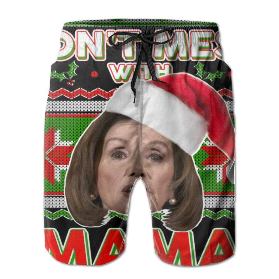 2 Pack Don’t Mess With Mama Pelosi Ugly Christmas Sweater Poster Men Swim Trunks Drawstring Elastic Waist Quick Dry Beach Shorts with Mesh Lining Swimwear Bathing Suits