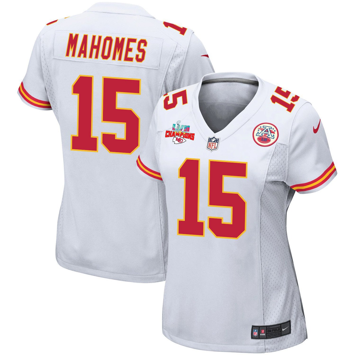 Patrick Mahomes 15 Kansas City Chiefs Super Bowl Lvii Champions 3 Stars Women Game Jersey – White