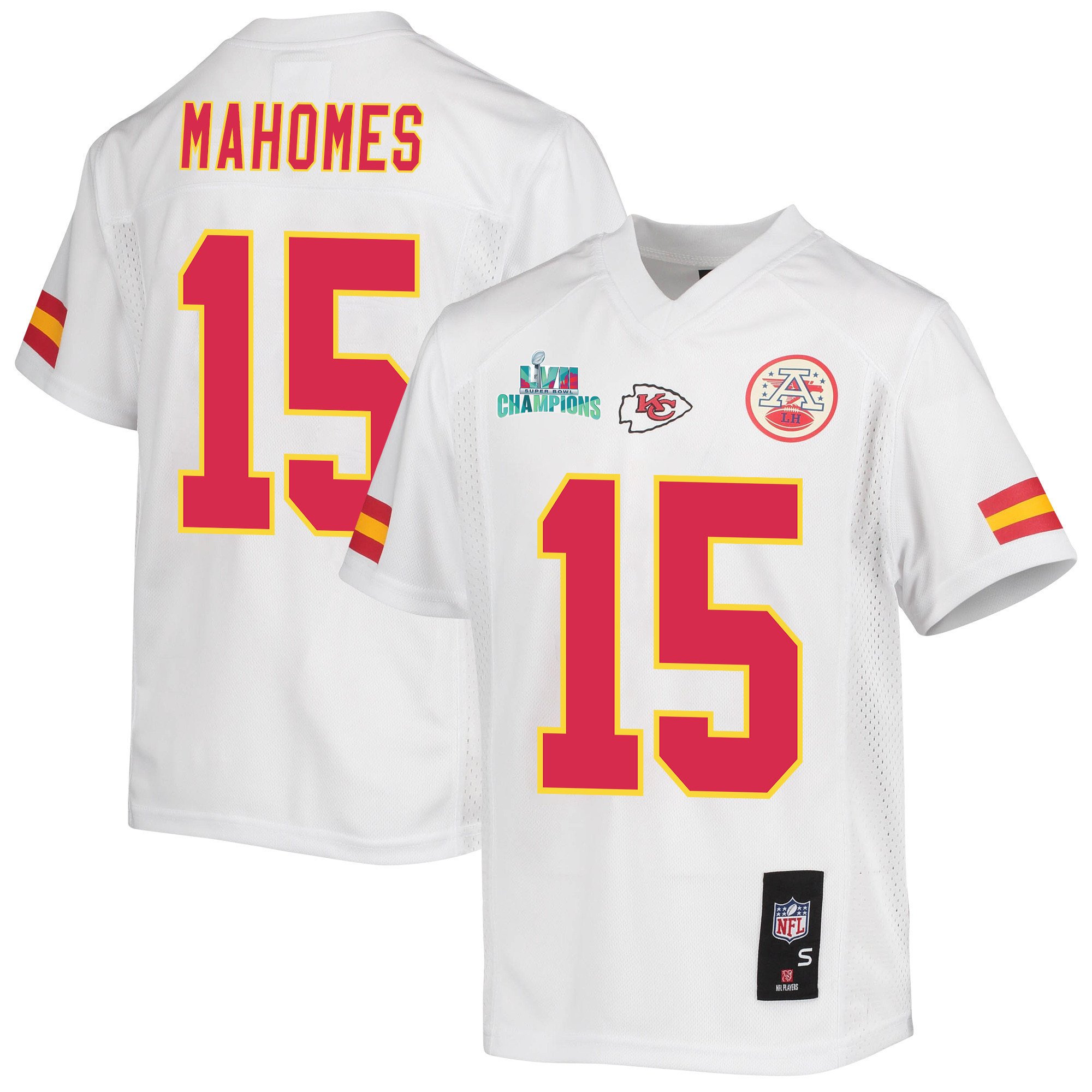 Patrick Mahomes 15 Kansas City Chiefs Super Bowl Lvii Champions Youth Game Jersey – White