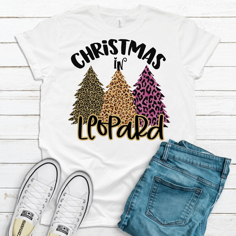 Christmas In Leopard, Pink Leopard, Premium Cotton Unisex Tee, Christmas Shirt, Christmas Leopard Print Tree