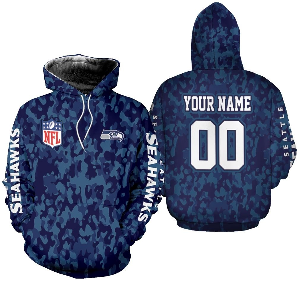 Seattle Seahawks Blue Camouflage Veteran 3D Personalized Hoodie