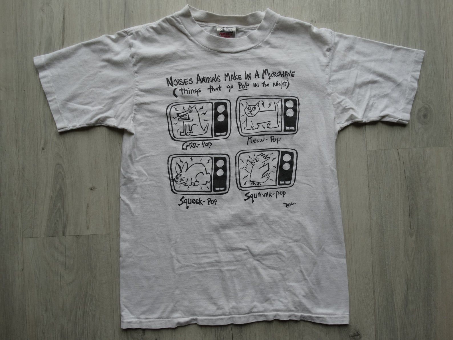 Vintage 1985 Oneita Funny Shirt – Noises Animals Make In A Microwave Things That Go Pop In The Night Too Cool To Be On Earth Shirt L