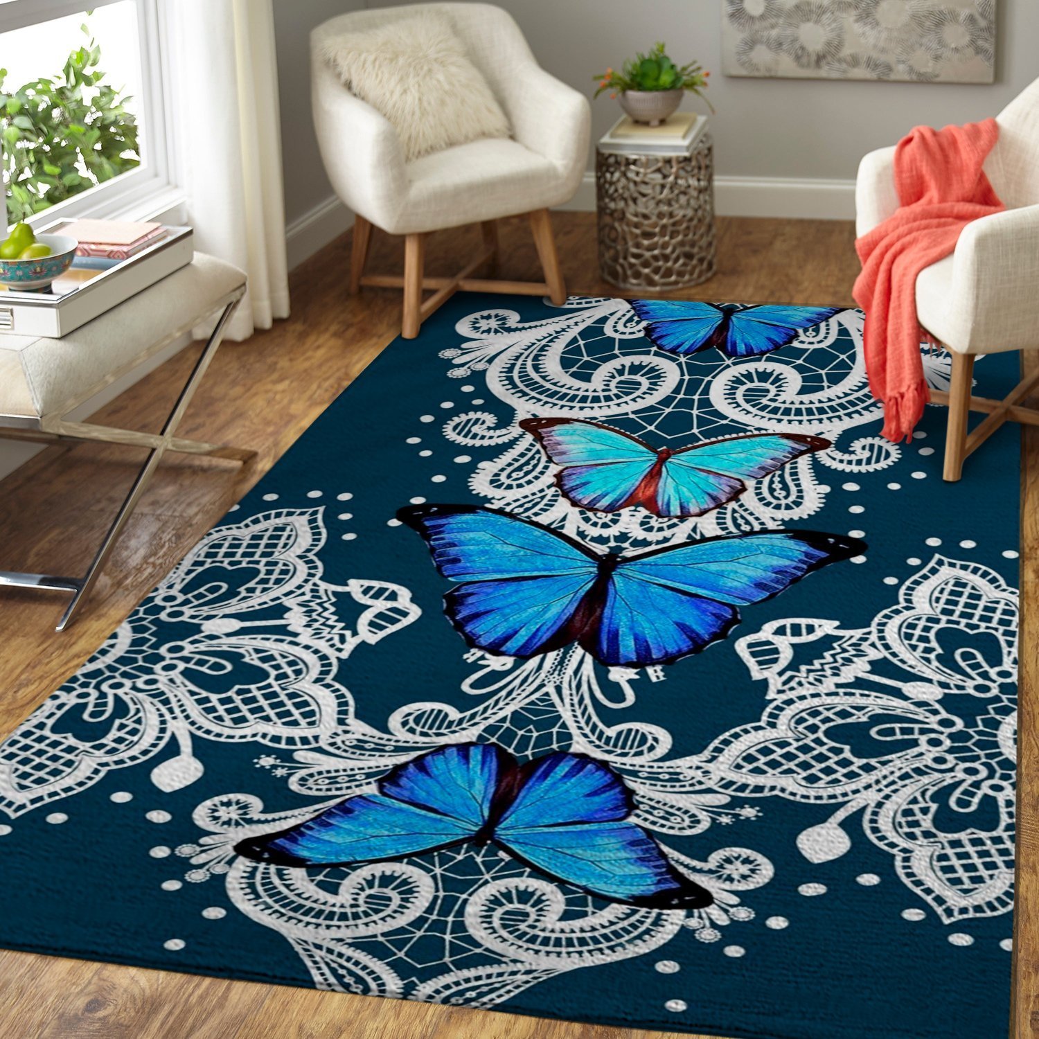 Blue Butterflies Detailed Area Rug, Animal Print Floor Decor Rb7A8E7E9716