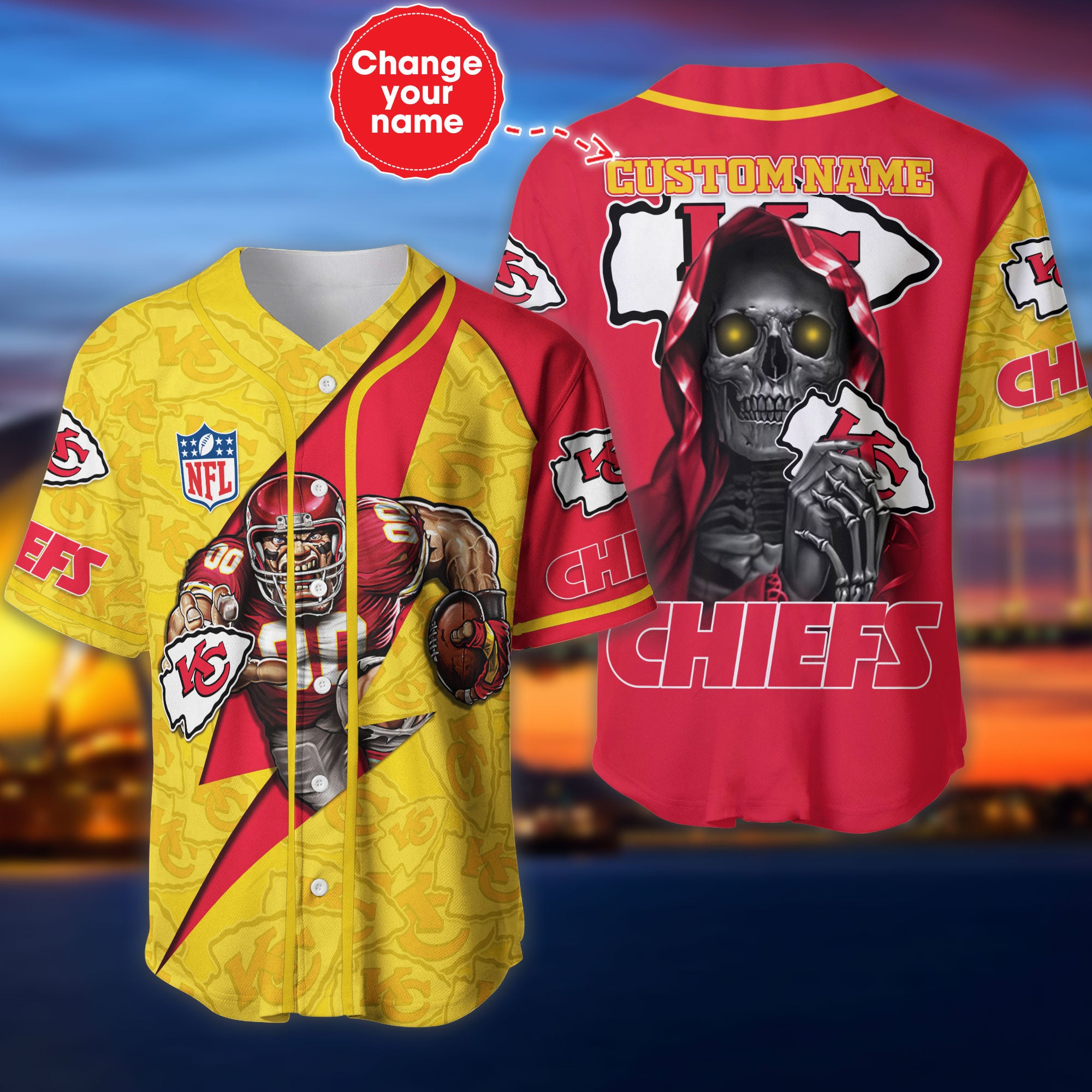 Kansas City Chiefs Baseball Jersey Shirt Skull Custom Name