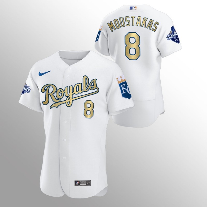 Kansas City Royals Mike Moustakas White 2015 World Series Champions Nike Jersey – All Stitched, Embroidery