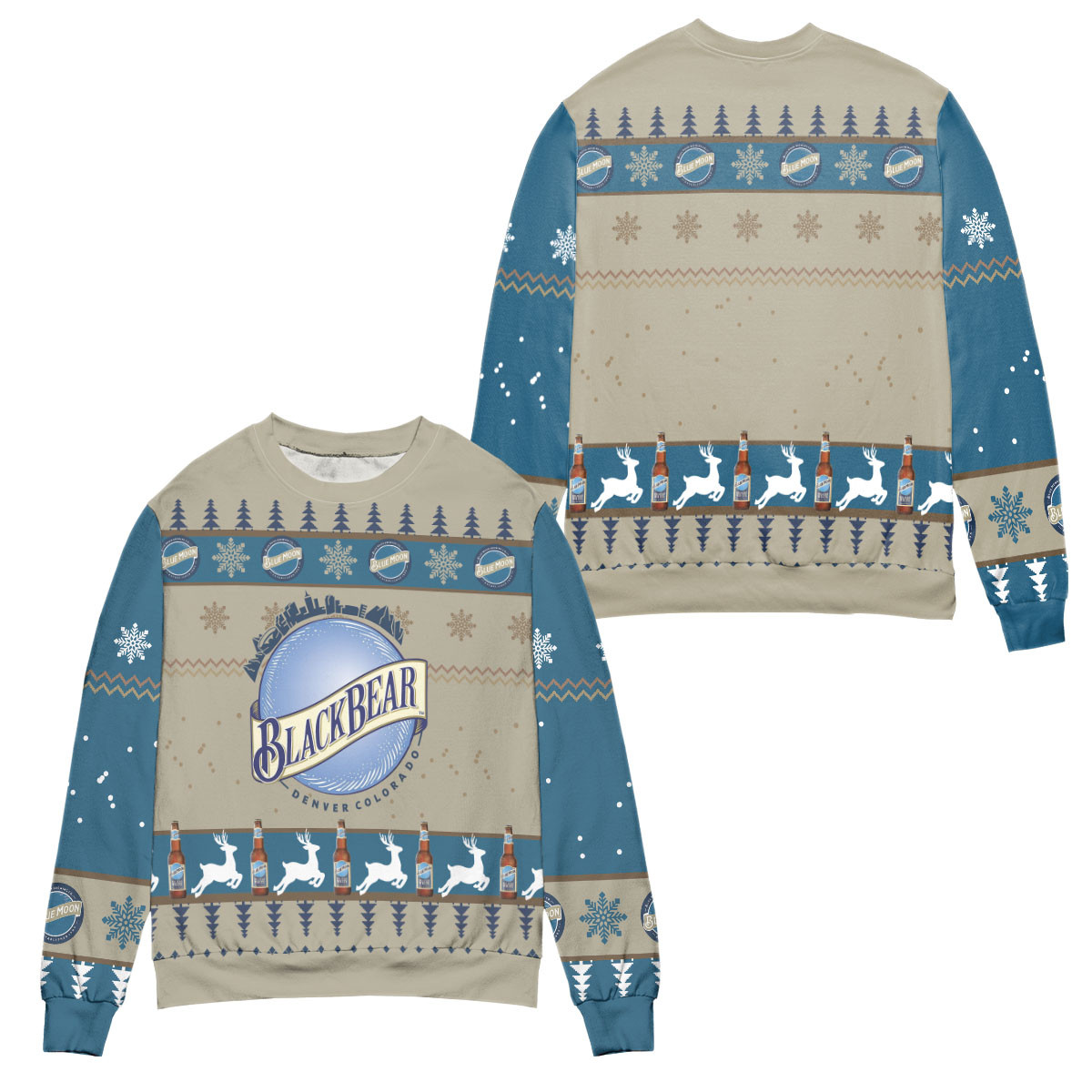 Blue Moon Brewery Reindeer & Snowflake Pattern Ugly Christmas Sweater – All Over Print 3D Sweater – Blue