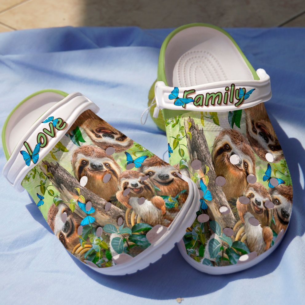 Love Family Sloth With Butterfly Shoes – Happy Animal Crocbland Clog Birthday Gift For Man Woman