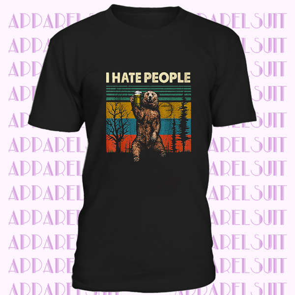 Bear I Hate People Funny Camping Vintage T-Shirt Men’s Retro Black Cotton Shirt