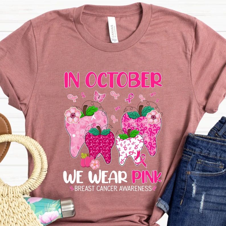 In October We Wear Pink Breast Cancer Awareness Dental Shirt, Halloween Cancer Dentist Gift Shirt, Breast Cancer Dental Squad, Pink Ribbon