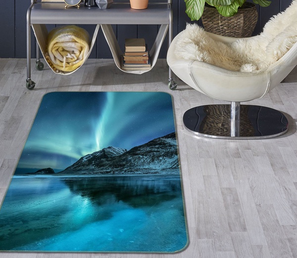 3D Aurora Space Mountain Reflected On Water Area Rug Home Decor