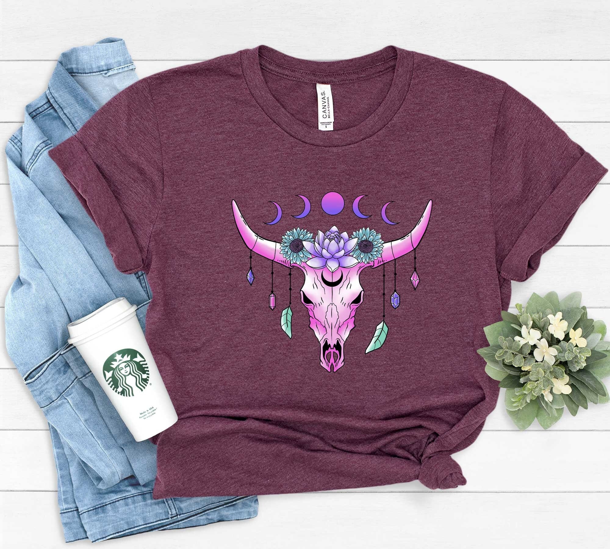 Mystical Boho Cow Skull Shirt, Western Boho Shirt, Inspirational Shirt, Gift For Mom, Texans Shirt, Country Shirt