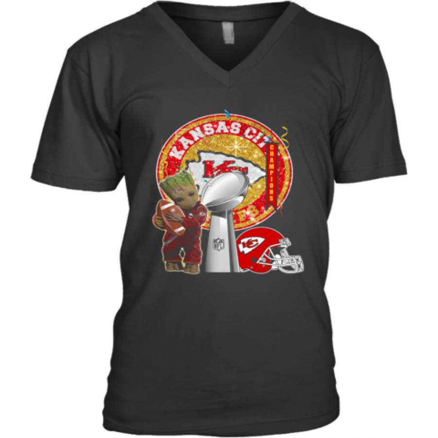 Baby Groot Kansas City Chiefs Super Bowl Champions V-Neck T-Shirt