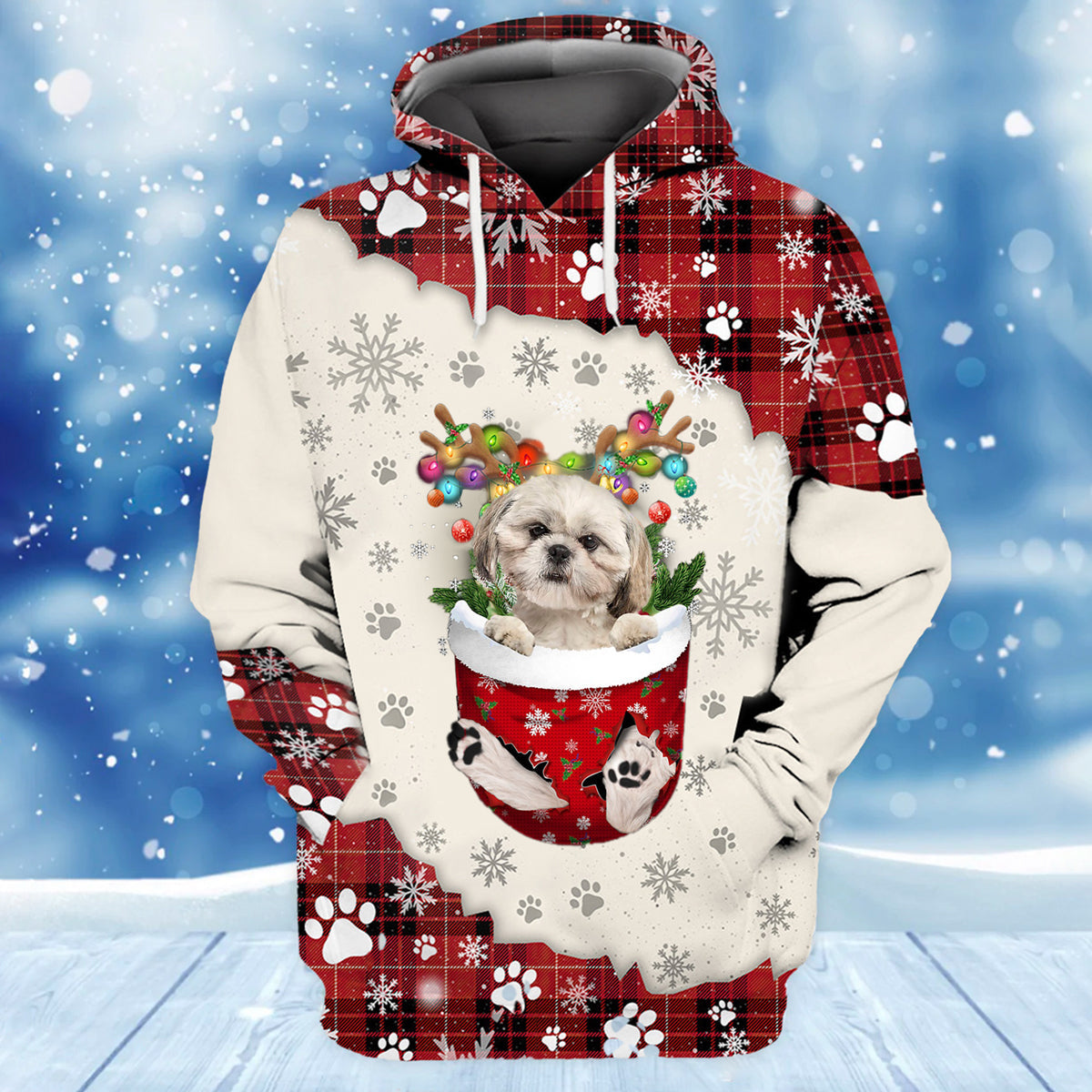 Cream Shih Tzu In Snow Pocket Merry Christmas Unisex Hoodie