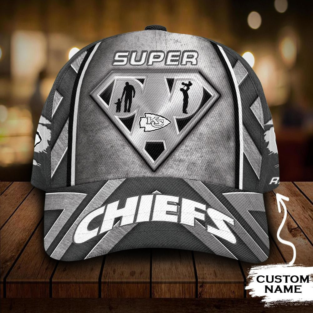 Personalized Kansas City Chiefs Superman Dad Logo All Over Print 3D Baseball Cap – Grey