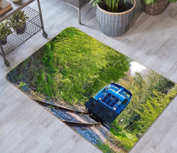 3D Blue Train In Green Forest Area Rug Home Decor