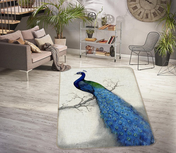 3D Blue Peacock Perched On Bare Tree Area Rug Home Decor