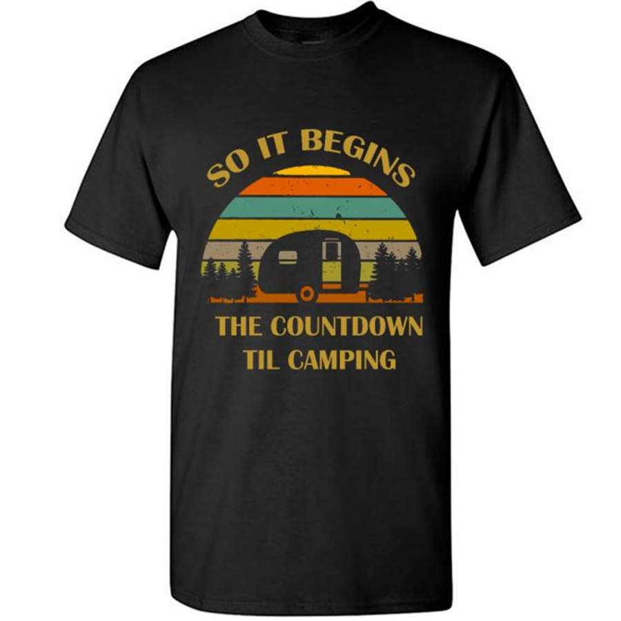 So It Begins The Countdown Til Camping, Classic Vintage Retro Design – Gildan Short Sleeve Shirt