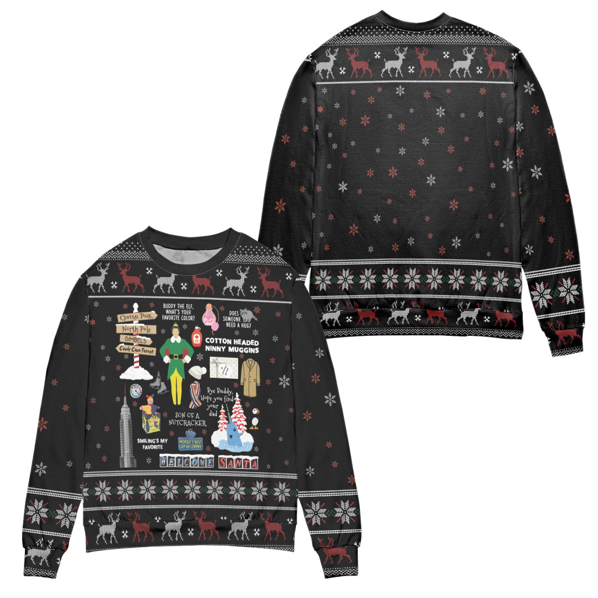 Elf Movie Welcome Santa Snowflake Pattern Ugly Christmas Sweater – All Over Print 3D Sweater – Black