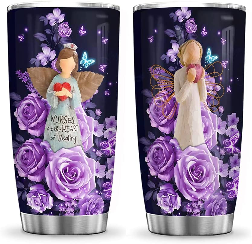 20Oz Nurses Are The Hearts Of Healing, Purple Roses, Nurse Inspiration Tumbler Cup With Lid, Double Wall Vacuum Thermos Insulated Travel Coffee Mug